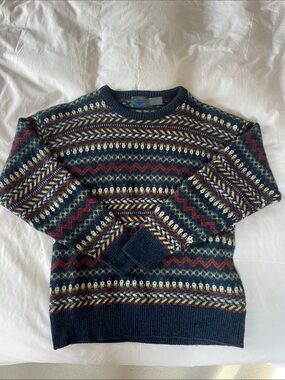 Etchings Vintage Navy Fair Isle Knit Sweater with Red & Cream Pattern